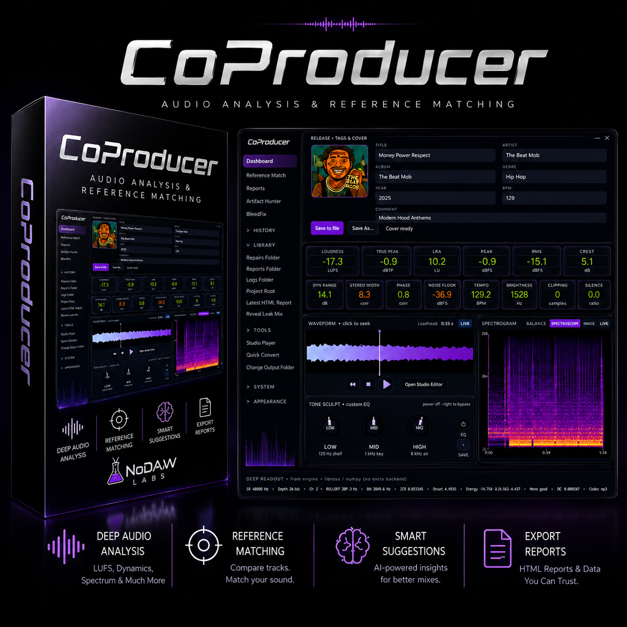 Promotional graphic for NoDAW CoProducer audio analysis and reference matching software, showing a dark software interface, a product box, and feature callouts on a black background.
Details